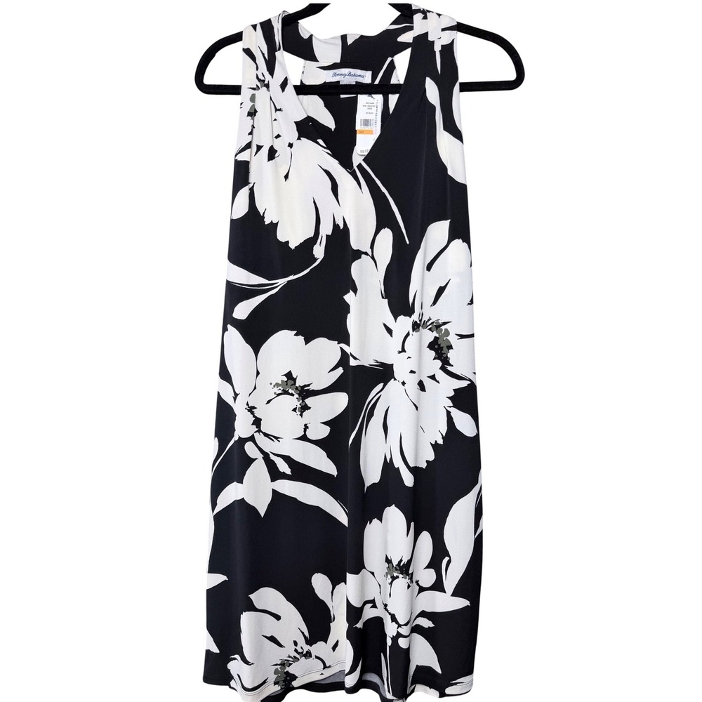 Tommy Bahama Womens Black White Floral V-Neck Shift Dress SW221646BR Size Medium - Picture 1 of 10